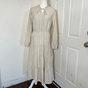 Tie-Neck Long Sleeve Maxi Dress in Cream